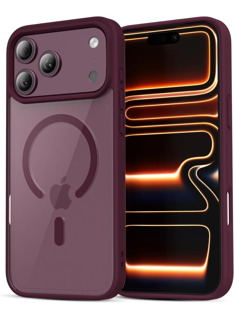 جراب مغناطيسي شفاف لهاتف آيفون 17 برو [مقاوم للصدمات ونحيف] غطاء خلفي صلب شفاف مع حماية عالية الجودة | أحمر داكن